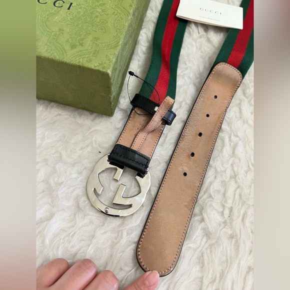 Gucci Green & Red Web Stripe Belt with Black Leather and Silver GG Buckle - Picture 8 of 9